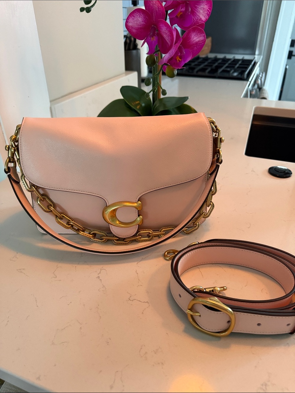 Coach Light Pink Pebbled Leather Saddle Bag with Gold Hardware